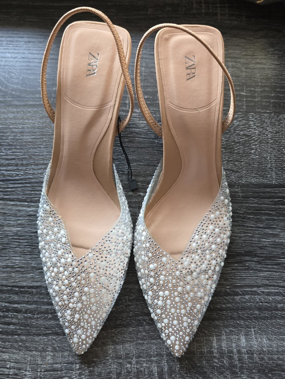 Zara Pearl-Embellished Blush Pointed Slingback Mules